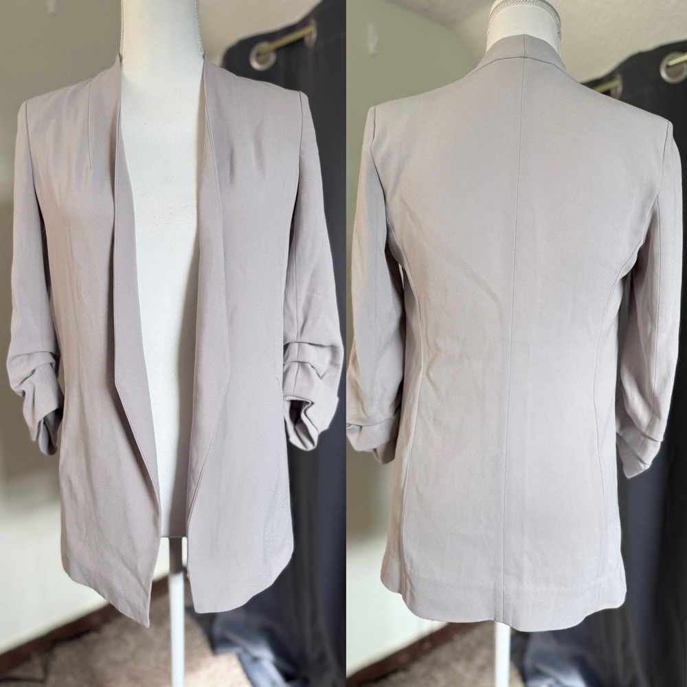 Babaton Aritzia Power Hip Blazer 0 Mauve Taupe Ruched 3/4 Sleeve Open Front